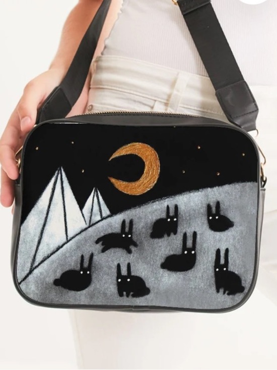 Hand Crafted Handbags - Goth Demon moon bunny crossbody bag, unique artsy design, macabre sketched art